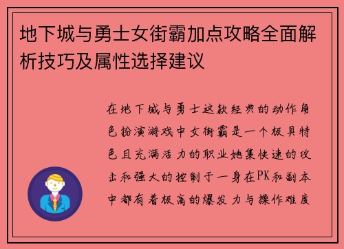 地下城与勇士女街霸加点攻略全面解析技巧及属性选择建议