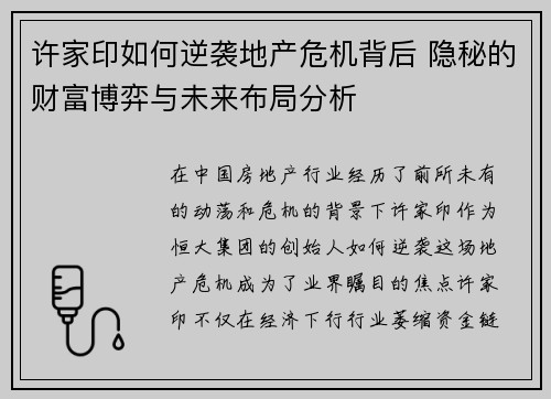 许家印如何逆袭地产危机背后 隐秘的财富博弈与未来布局分析